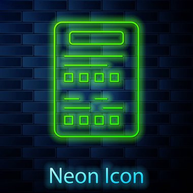 Parlayan neon hattı sınav kağıdı simgesi tuğla duvar arka planında izole edildi. Sınav kağıdı, sınav ya da araştırma konsepti. Sınav ya da sınav. Vektör.