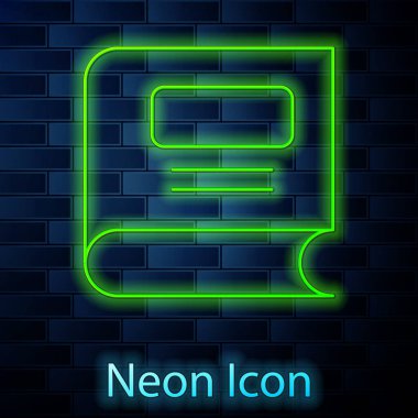 Parlayan neon çizgi Kitap simgesi tuğla duvar arka planında izole edildi. Vektör.