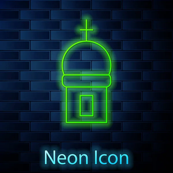 Zářící Neonové Linie Křesťanský Kostel Věž Ikona Izolované Cihlové Zdi — Stockový vektor