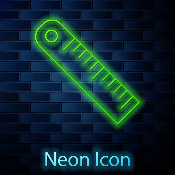 Zářící Neonová Čára Ikona Pravítka Izolovaná Pozadí Cihlové Zdi Symbol — Stockový vektor