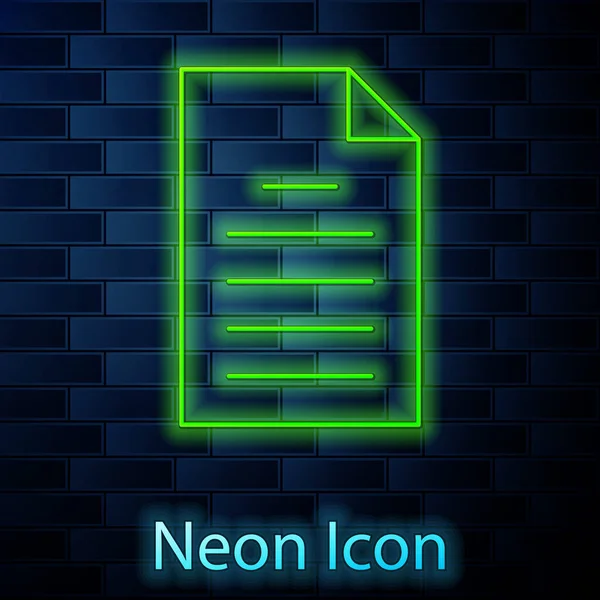 Glowing Neon Line File Document Icon Isolated Brick Wall Background — Stock Vector