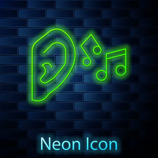 Glowing Neon Line Ear Listen Sound Signal Icon Isolated Brick — Stock Vector