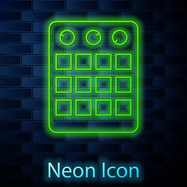 Parlayan Neon Hattı Davul Makinesi Simgesi Tuğla Duvar Arka Planında — Stok Vektör