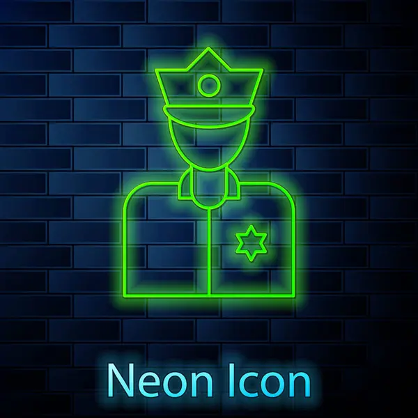 Zářící Neonová Čára Ikona Policisty Izolovaná Pozadí Cihlové Zdi Vektor — Stockový vektor