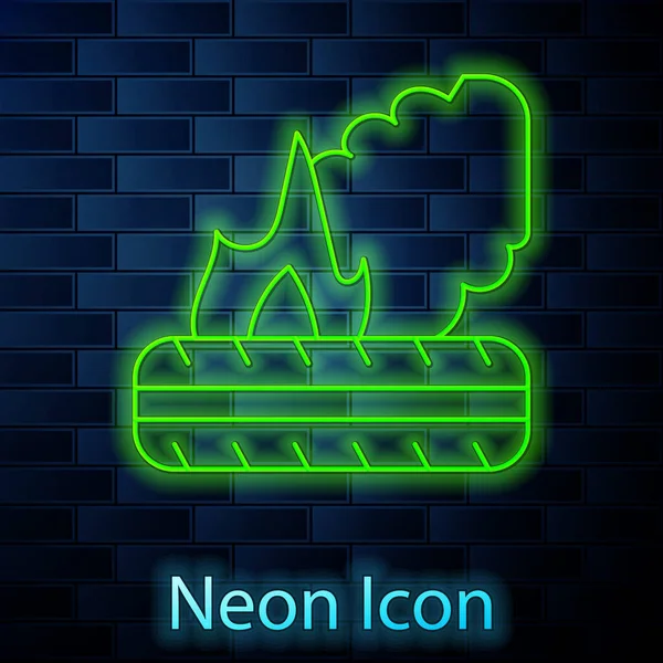 Glowing Neon Line Lying Burning Tires Icon Isolated Brick Wall — Archivo Imágenes Vectoriales