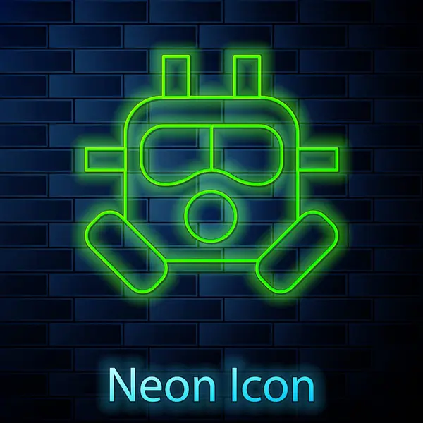 Glowing Neon Line Gas Mask Icon Isolated Brick Wall Background — Stock Vector