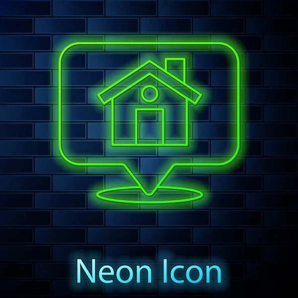 Gloeiende Neon Lijn Kaartaanwijzer Met Huis Pictogram Geïsoleerd Baksteen Muur — Stockvector