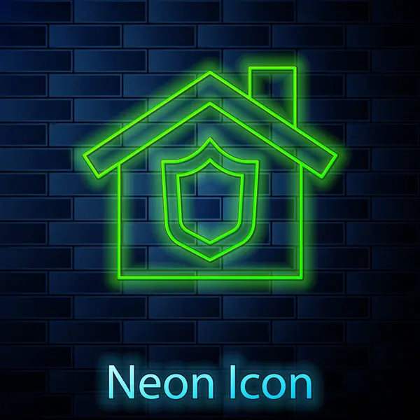 Leuchtende Neon Line Haus Mit Schild Symbol Isoliert Auf Backsteinwand — Stockvektor