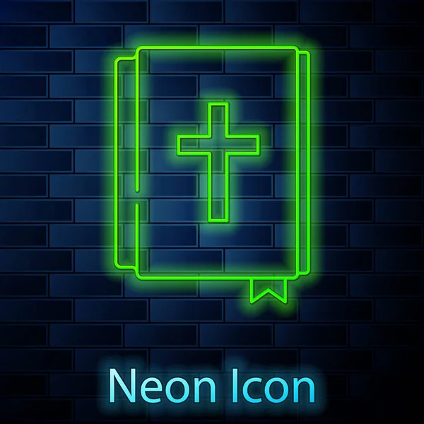 Glödande Neon Linje Heliga Bibel Bok Ikon Isolerad Tegel Vägg — Stock vektor