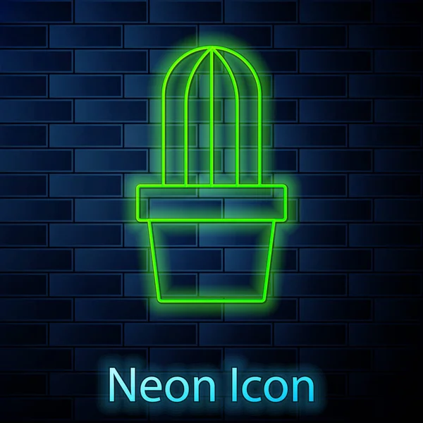 Zářící Neonové Linie Kaktus Šťavnatý Hrnci Ikony Izolované Pozadí Cihlové — Stockový vektor