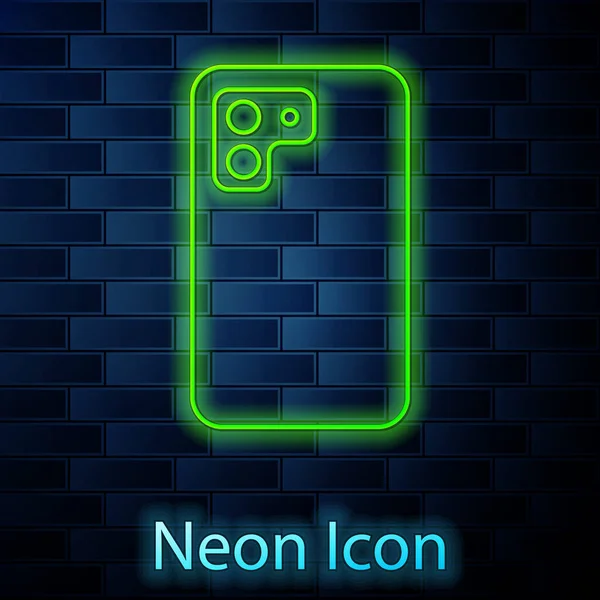 Zářící Neonová Linka Smartphone Ikona Mobilního Telefonu Izolované Cihlové Zdi — Stockový vektor