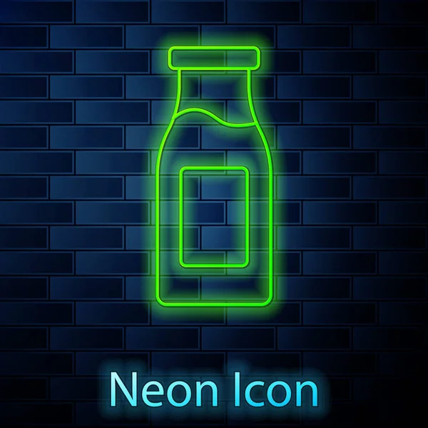 Leuchtende Neon Linie Geschlossene Glasflasche Mit Milchsymbol Isoliert Auf Backsteinwand — Stockvektor