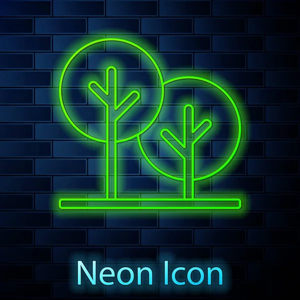Gloeiende Neon Lijn Boom Pictogram Geïsoleerd Baksteen Muur Achtergrond Bossymbool — Stockvector