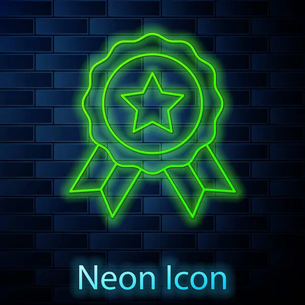 Glowing Neon Line Medal Icon Isolated Brick Wall Background Winner — Stock Vector
