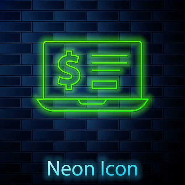 Glowing Neon Line Laptop Dollar Icon Isolated Brick Wall Background — Stock Vector