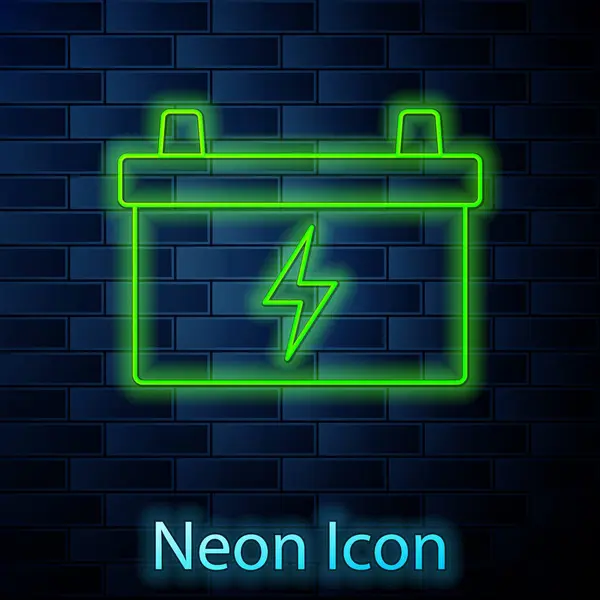 Glowing Neon Line Car Battery Icon Isolated Brick Wall Background — Stock Vector