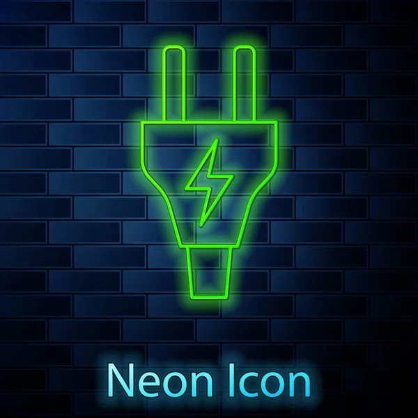 Gloeiende Neon Lijn Elektrische Stekker Pictogram Geïsoleerd Baksteen Muur Achtergrond — Stockvector