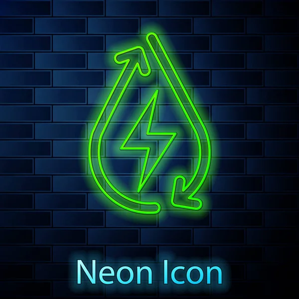 Zářící Neonová Čára Ikona Vodní Energie Izolovaná Pozadí Cihlové Stěny — Stockový vektor