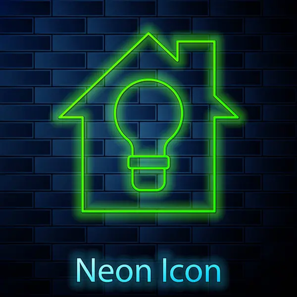 Glowing Neon Line Smart House Light Bulb Icon Isolated Brick — Stockvector