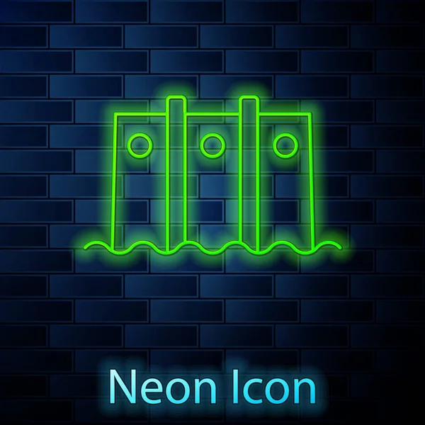 Leuchtende Neon Linie Hydroelectric Damm Symbol Isoliert Auf Backsteinwand Hintergrund — Stockvektor