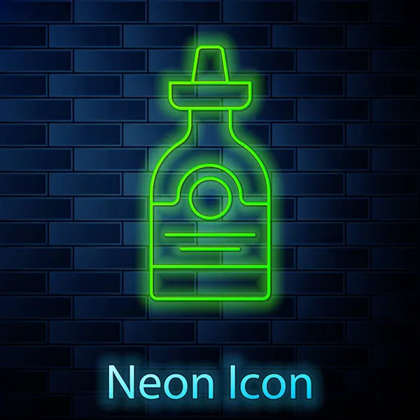 Glowing Neon Line Tequila Bottle Icon Isolated Brick Wall Background — Stock Vector