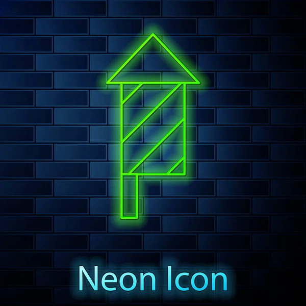 Glödande Neon Linje Fyrverkeri Raket Ikon Isolerad Tegel Vägg Bakgrund — Stock vektor