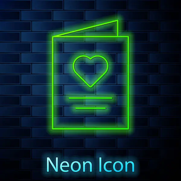 Világító Neon Vonal Képeslap Szív Ikon Elszigetelt Téglafal Háttér Üzenetszeretet — Stock Vector