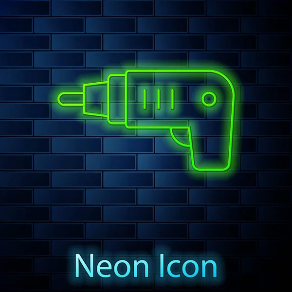 Gloeiende Neon Lijn Elektrische Accuschroevendraaier Pictogram Geïsoleerd Bakstenen Muur Achtergrond — Stockvector