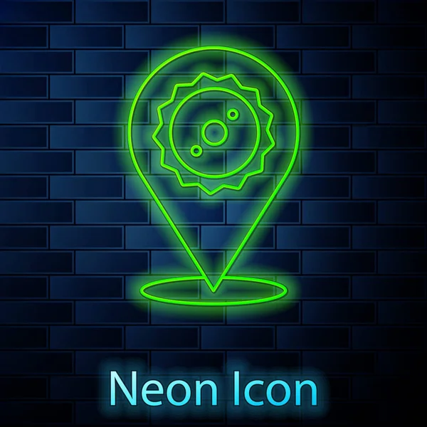 Leuchtende Neon Linie Kreissägeblatt Symbol Isoliert Auf Backsteinwand Hintergrund Sägerad — Stockvektor