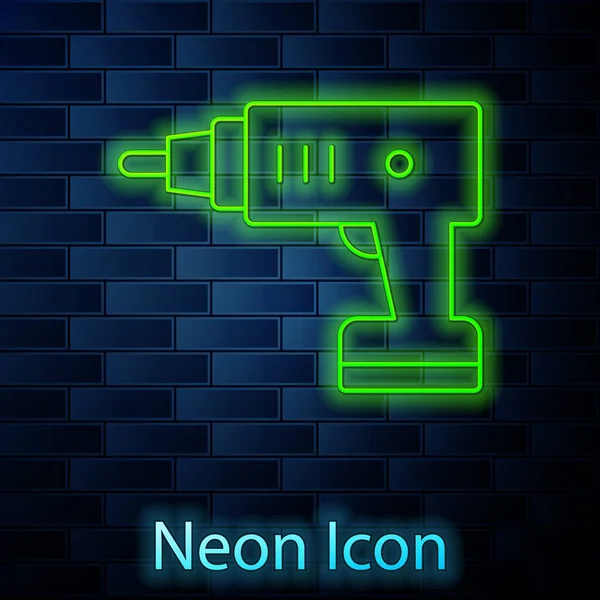 Glowing Neon Line Electric Cordless Screwdriver Icon Isolated Brick Wall — Stock Vector