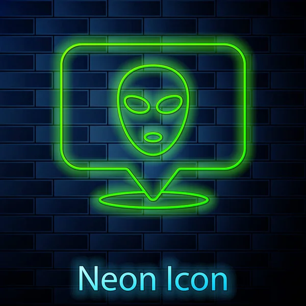 Glowing Neon Line Alien Icon Isolated Brick Wall Background Extraterrestrial — Stock Vector