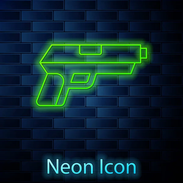 Glowing Neon Line Pistol Gun Icon Isolated Brick Wall Background — Stock Vector