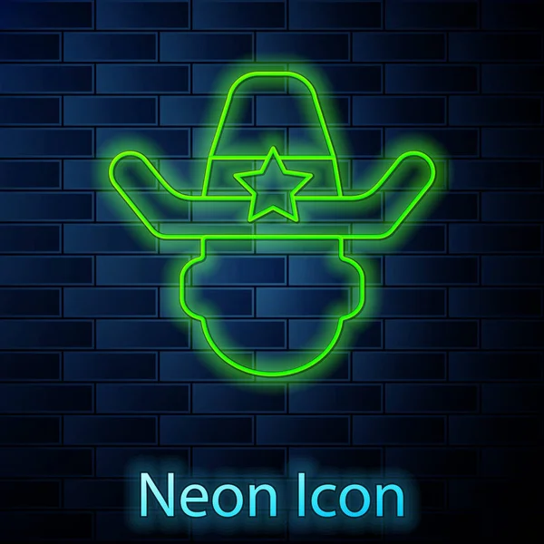 Leuchtender Neonfarbener Sheriff Cowboyhut Mit Stern Emblem Isoliert Auf Backsteinmauer — Stockvektor