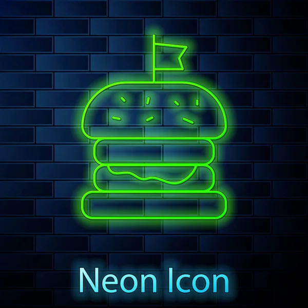 Glödande Neon Linje Burger Ikon Isolerad Tegel Vägg Bakgrund Hamburgerikon — Stock vektor