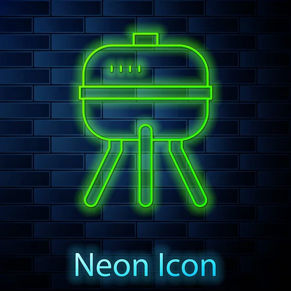Leuchtende Neon Linie Barbecue Grill Symbol Isoliert Auf Ziegelwand Hintergrund — Stockvektor