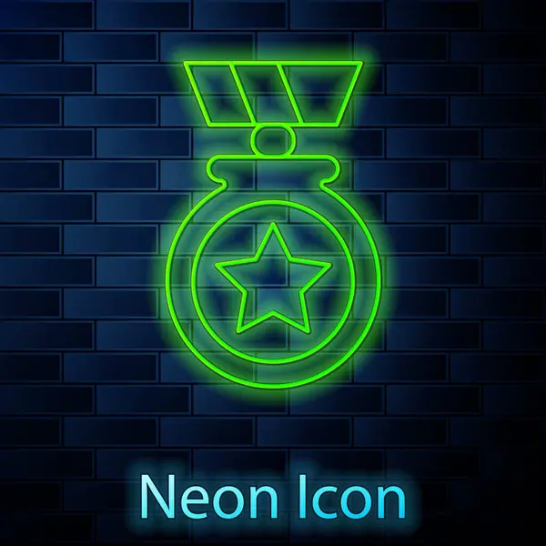 Glowing Neon Line Medal Star Icon Isolated Brick Wall Background — Stock Vector