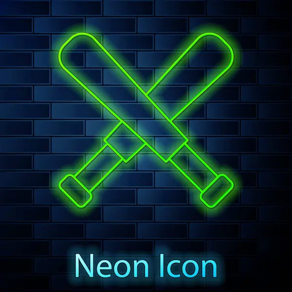 Leuchtende Neon Linie Gekreuztes Baseballschläger Symbol Isoliert Auf Ziegelwand Hintergrund — Stockvektor