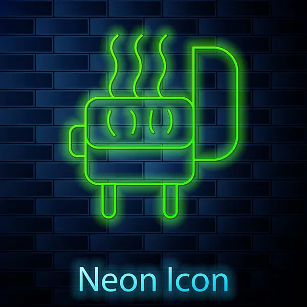 Świecące Neon Line Grill Grill Ikona Izolowana Tle Cegły Ściany — Wektor stockowy