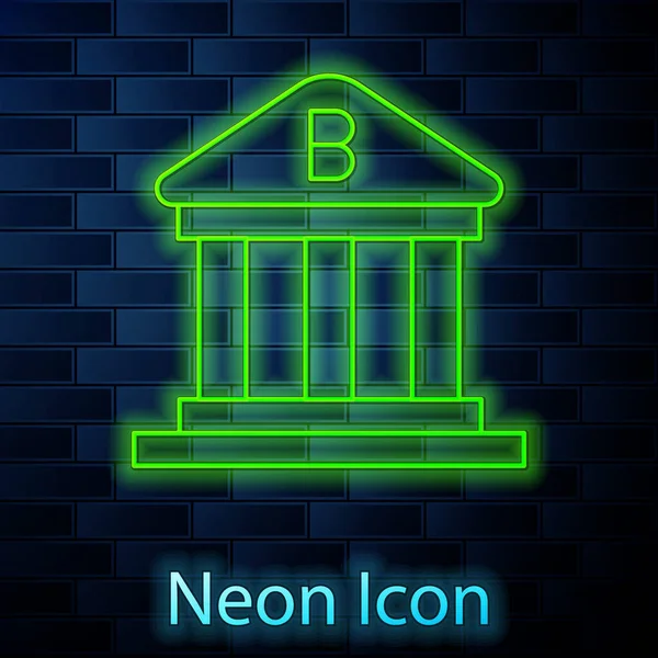 Glowing Neon Line Bank Building Icon Isolated Brick Wall Background — Stock Vector