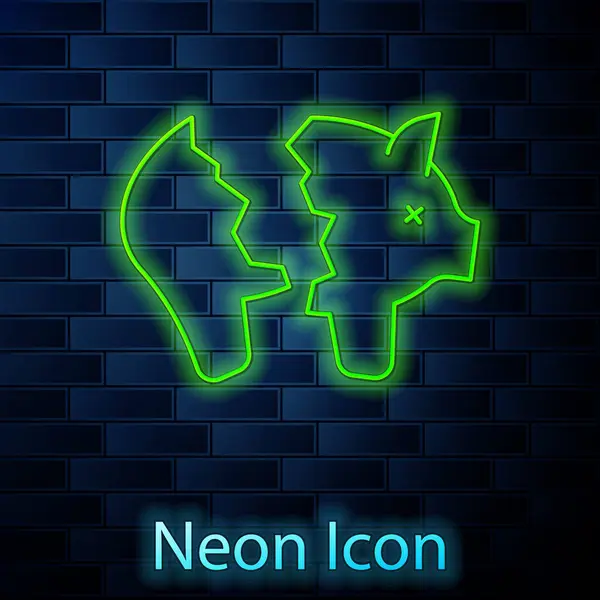 Glowing Neon Line Broken Piggy Bank Icon Isolated Brick Wall — Stock Vector