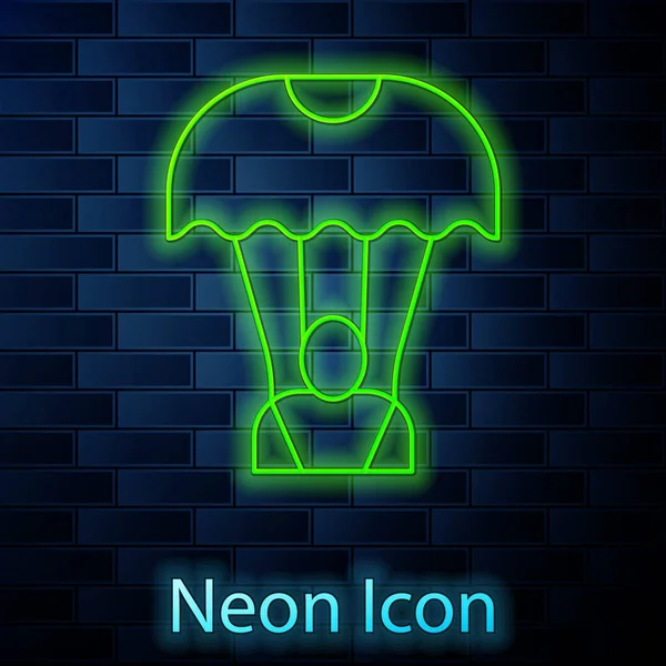 Linea Neon Incandescente Icona Del Paracadute Isolato Sfondo Muro Mattoni — Vettoriale Stock