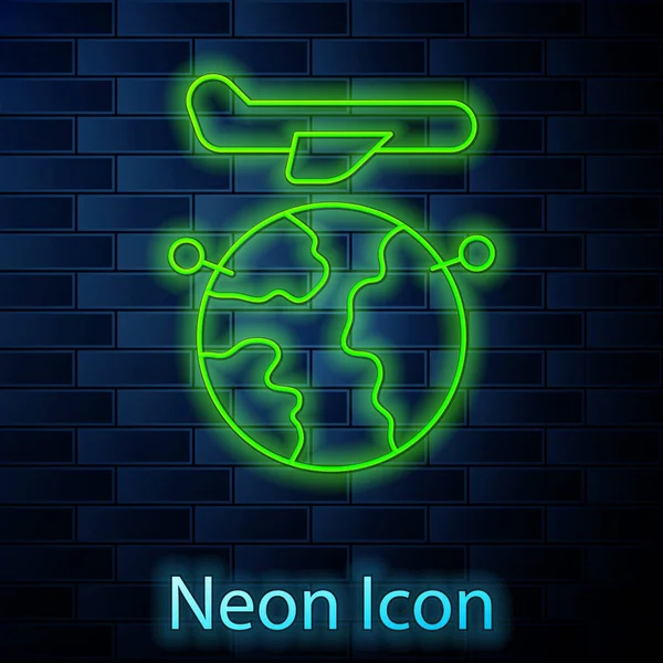 Glowing Neon Line Globe Flying Plane Icon Isolated Brick Wall — Stock Vector