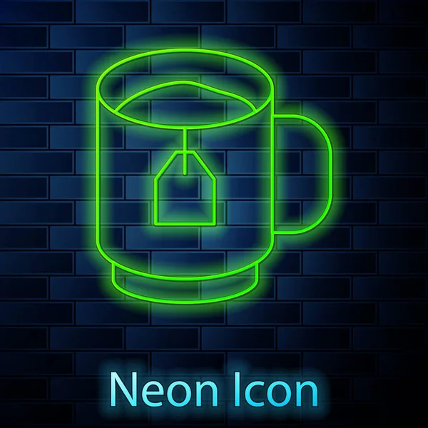 Glowing Neon Line Cup Tea Tea Bag Icon Isolated Brick — Stock Vector