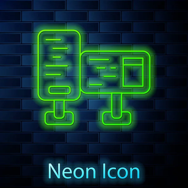 Világító Neon Vonal Számítógép Monitor Képernyő Ikon Elszigetelt Téglafal Háttér — Stock Vector