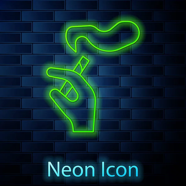 Glowing Neon Line Hand Smoking Cigarette Icon Isolated Brick Wall — Stock vektor