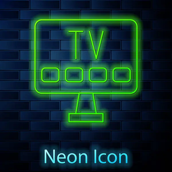 Gloeiende Neon Lijn Smart Pictogram Geïsoleerd Baksteen Muur Achtergrond Televisieteken — Stockvector