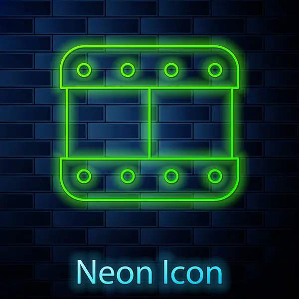 Glowing Neon Line Play Video Icon Isolated Brick Wall Background — Stock Vector