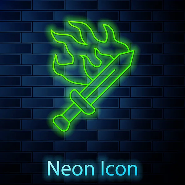 Glowing Neon Line Sword Game Icon Isolated Brick Wall Background — Stock Vector
