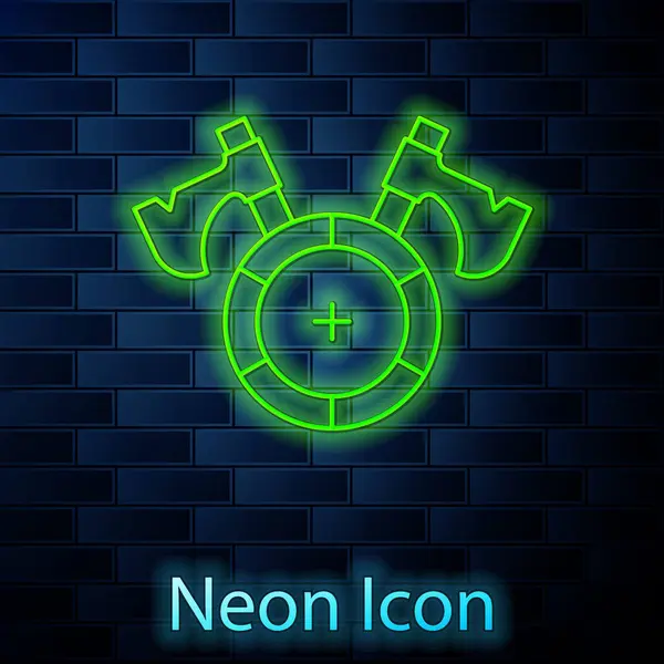 Glowing Neon Line Medieval Shield Crossed Axes Icon Isolated Brick — Stok Vektör
