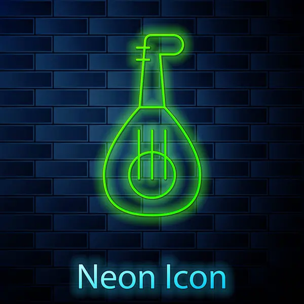 Gloeiende Neon Lijn Muzikaal Instrument Luit Icoon Geïsoleerd Baksteen Muur — Stockvector